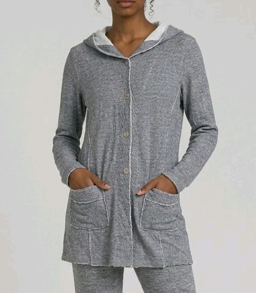 Eileen Fisher Cardigan Womens M Gray Hoodied Cotton Button Front Sweater Pockets