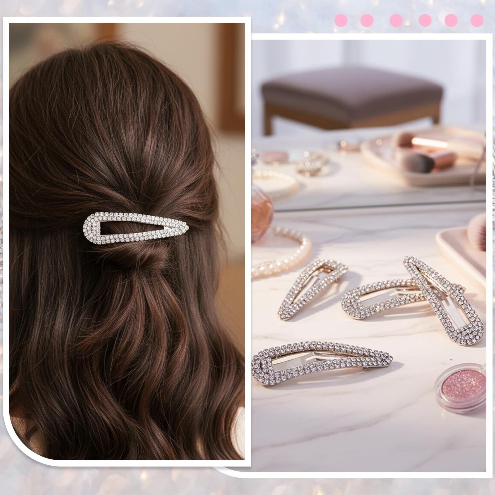 4PCS Rhinestone Hair Clips, Snap Barrettes for Women, Water Drop Crystal Hair…