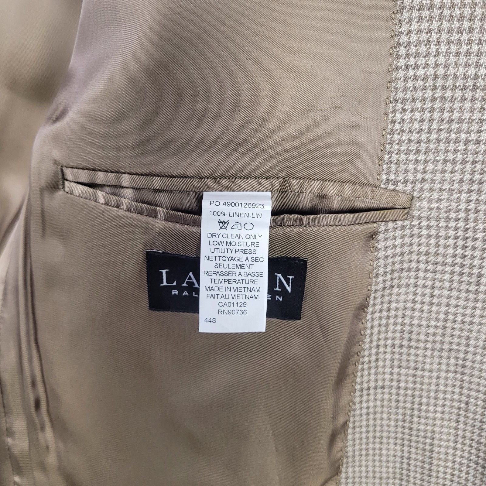 Lauren Ralph Lauren Mens 44S Tan Houndstooth 100% Linen Blazer Sport Coat Jacket