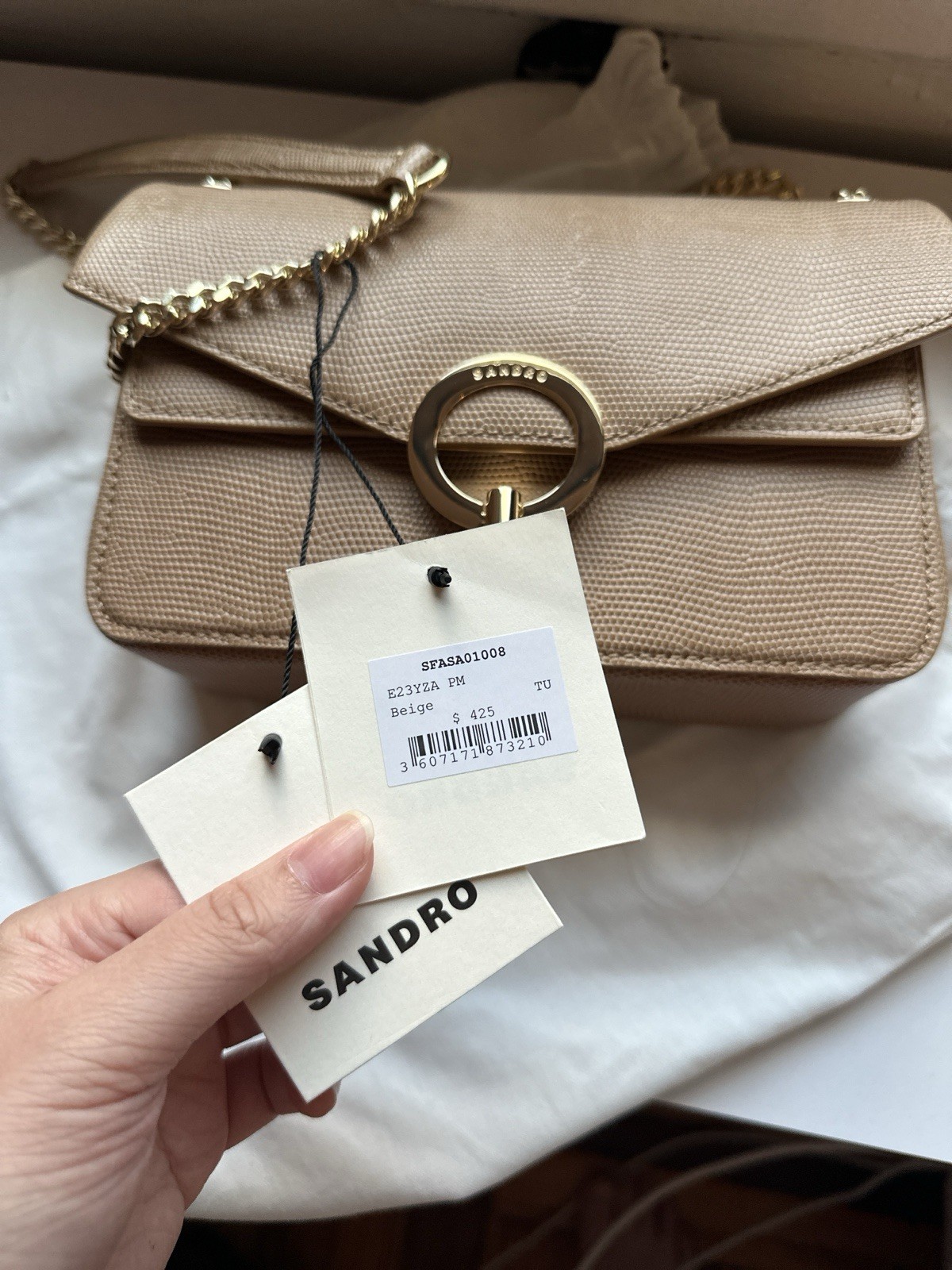 (Excellent Condition with Tags) SANDRO YZA Leather Cross Shoulder Bag (Beige)