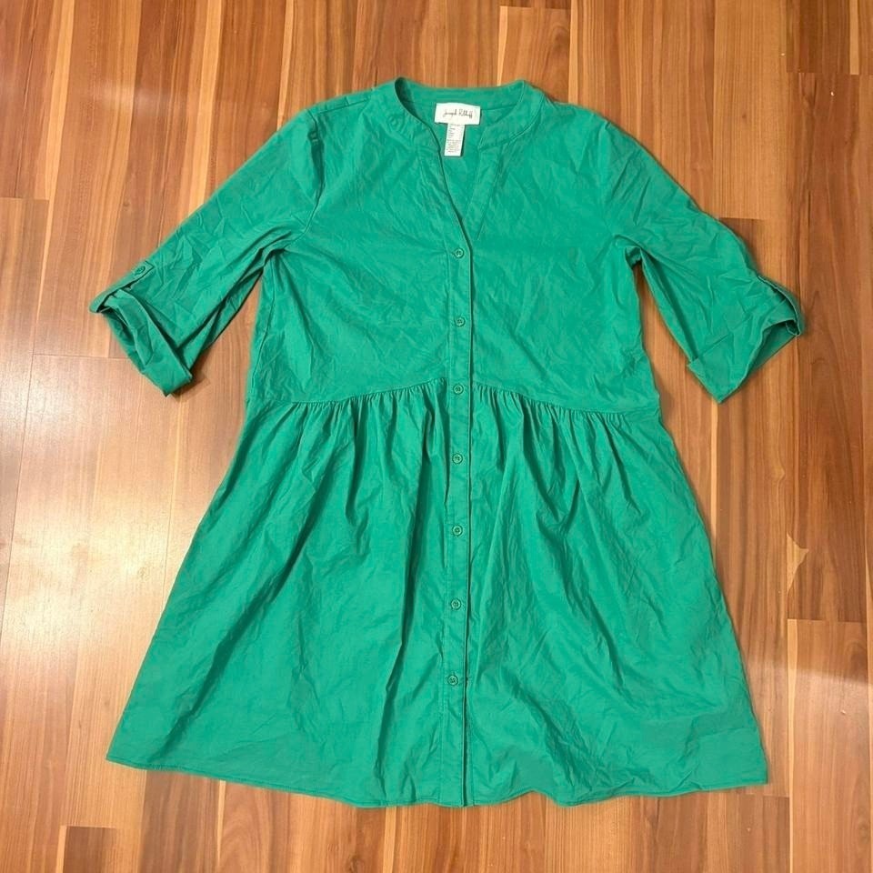 Joseph Ribkoff size 8 cotton blend teal green button down trapeze shirt dress