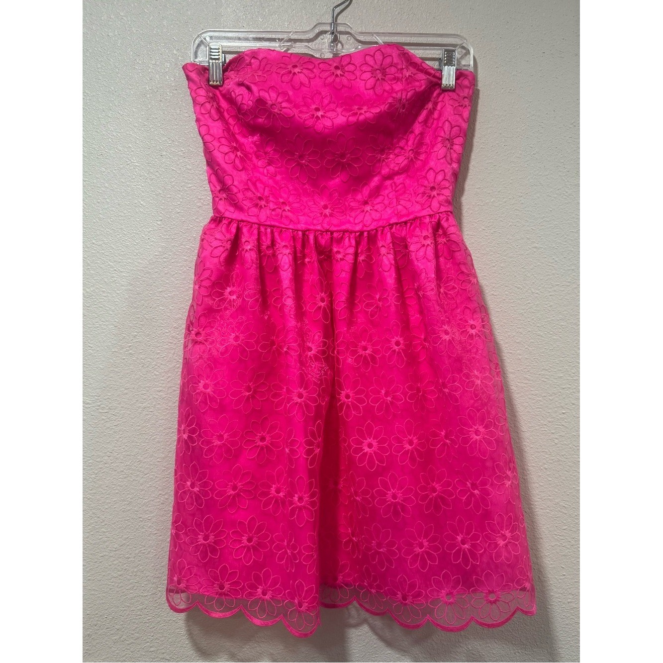Lilly Pulitzer Hot Pink Strapless Floral Eyelet Dress Y2K Homecoming Dress sz 2