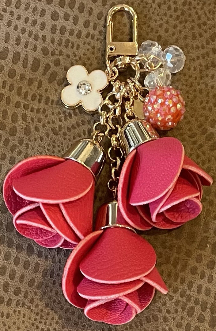WATERMELON RED REDDISH PINK LEATHER ROSE TASSEL DISCO BALL RHINESTONE BAG CHARM