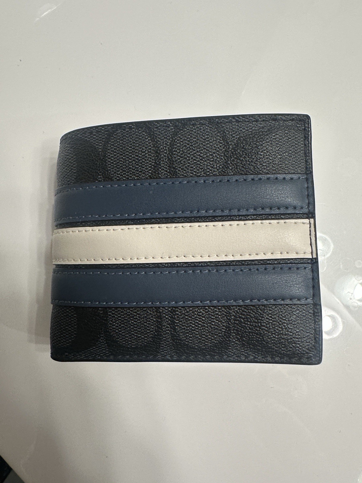 Coach Men’s Signature Bifold Wallet Black Blue White Stripe Card Slots