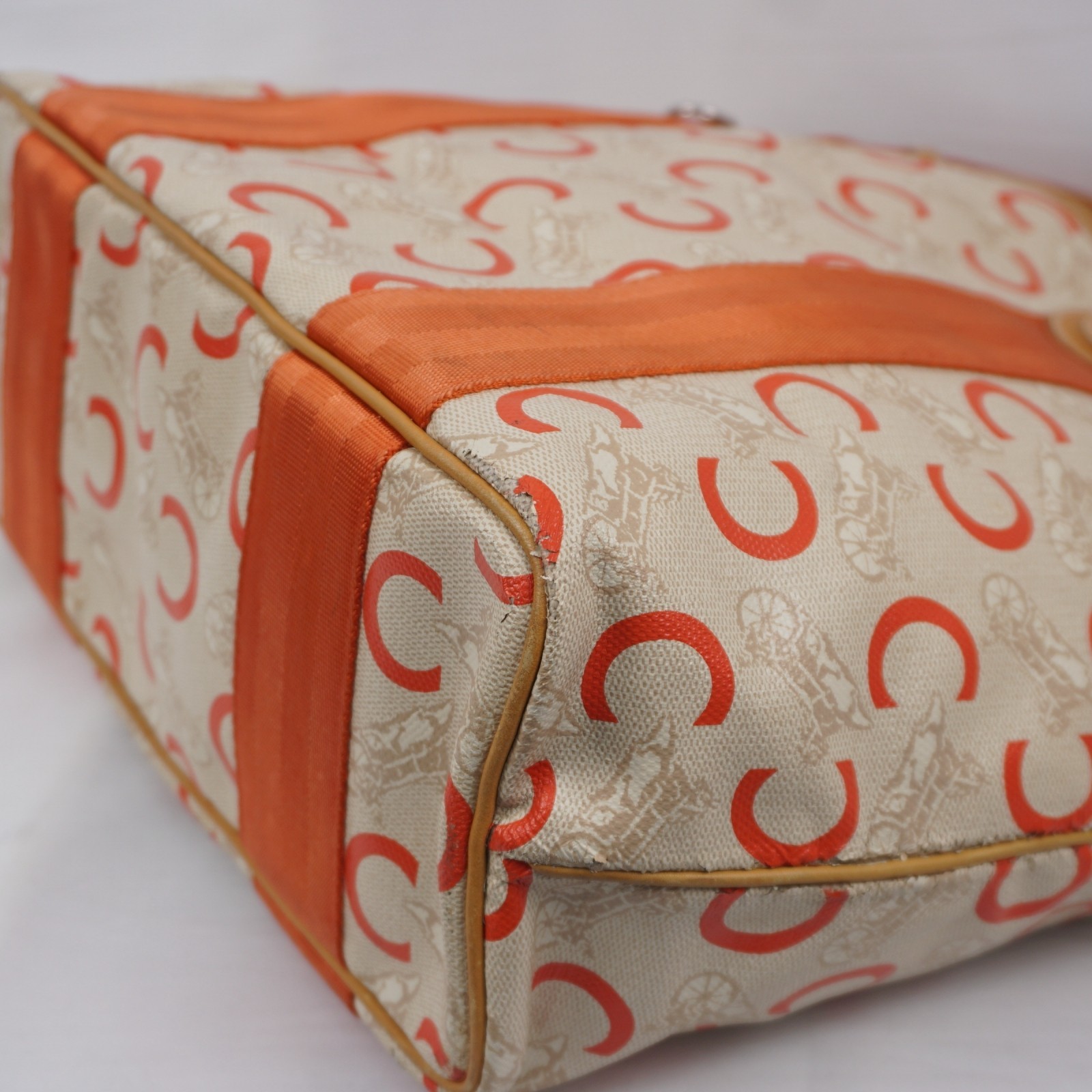 CELINE C Sulky Carriage Horse Tote Bag Coated Canvas Leather Orange Auth