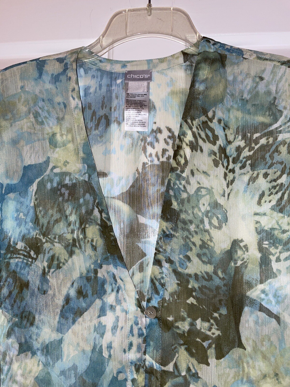 Chico’s Open Cover Up Lightweight Sz S/M Kimono Top Blue Green Rayon Blend