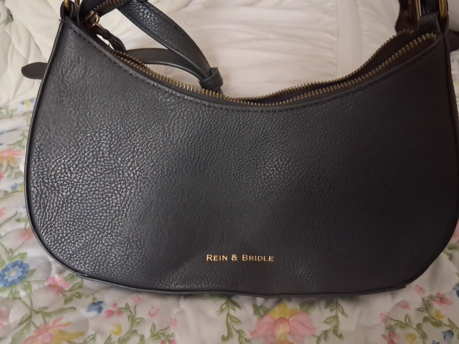 Rein & Bridle Black Floral Embossed Crescent Shoulder Bag, Zip, Detachable