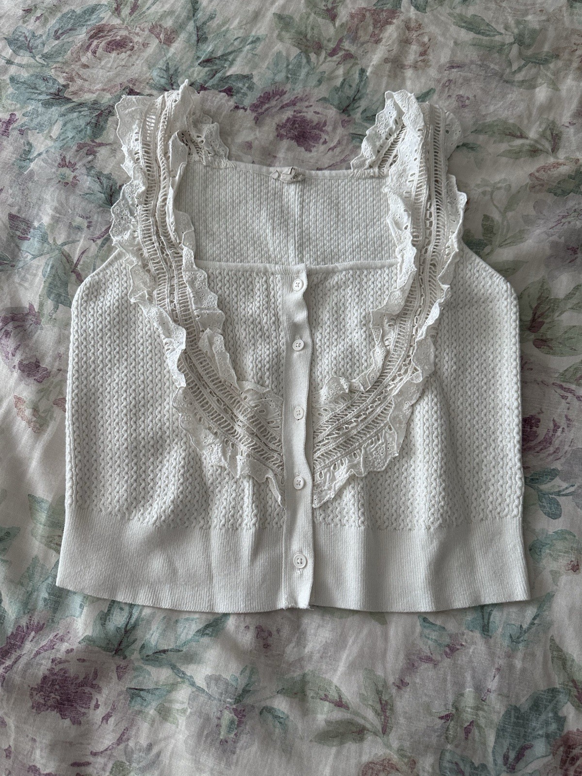 Pilcro White Solid Square Neck Lace Ruffle Button Front Knit Tank Women XL