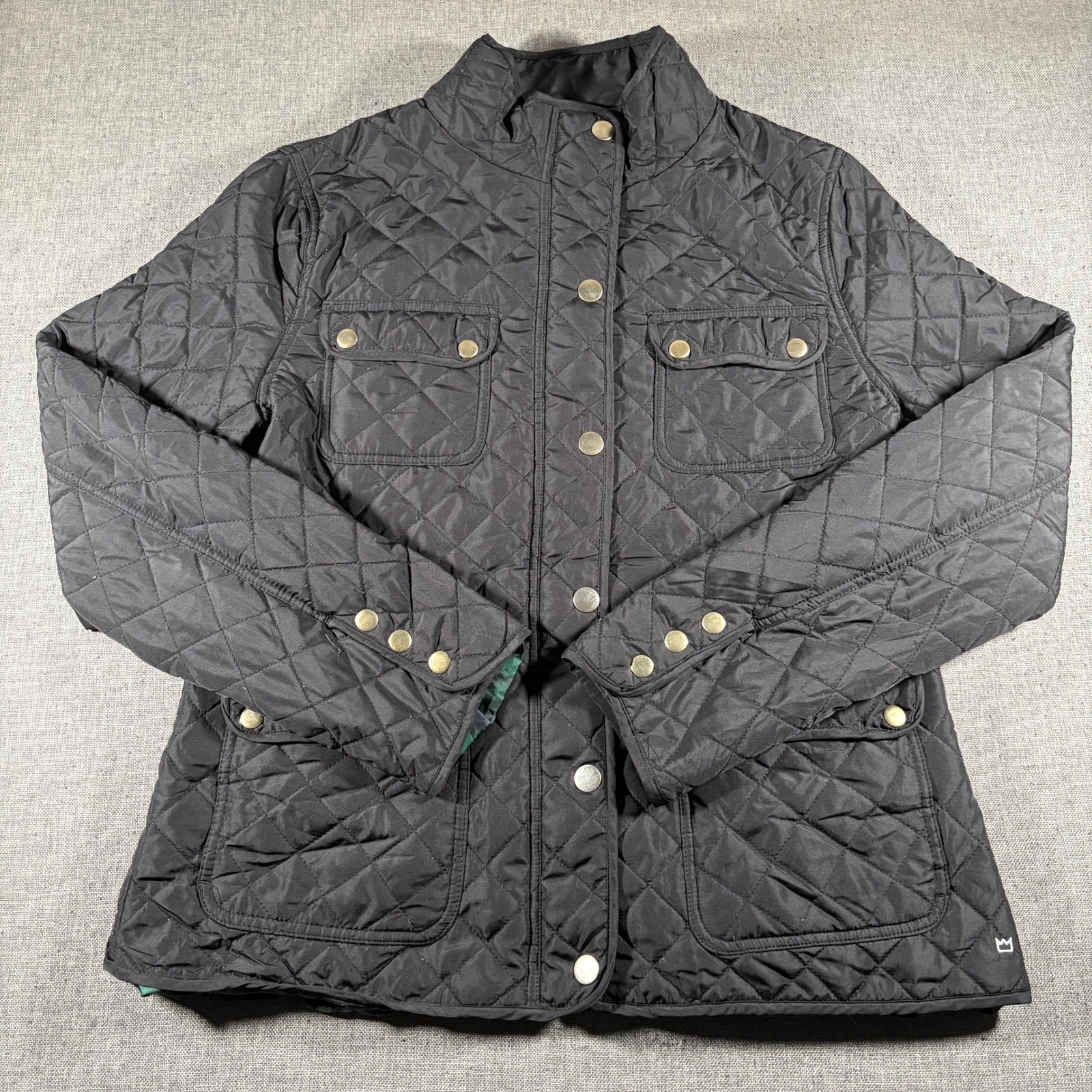 Crown & Ivy Quilted Barn Jacket Womens XL Black Plaid Lined Gold Snap Button