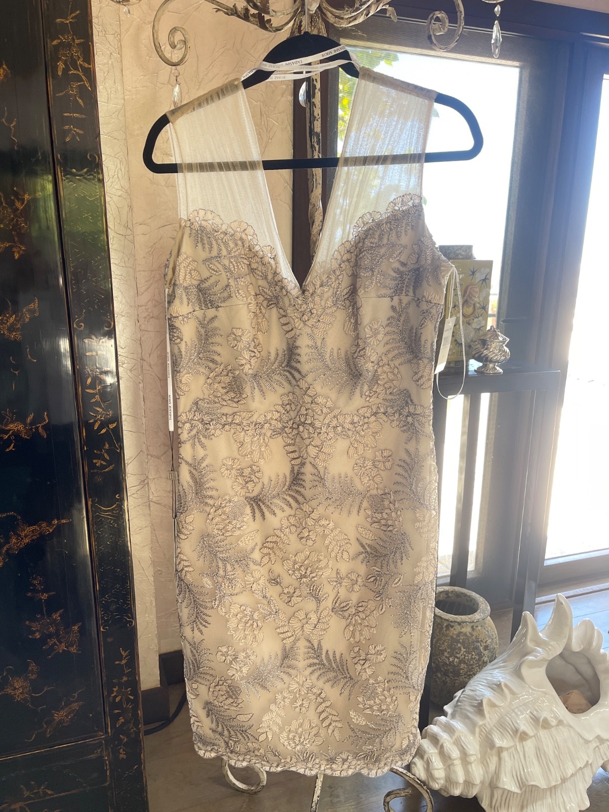 New Tadashi Shoji Silver Beaded Sequin Tulle V-Neck Sheath Dress, Size 12