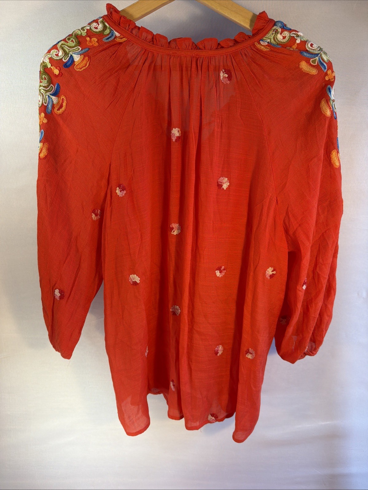 Fig And Flower Red Womens Tie Front Blouse With Bohemian Embroidery