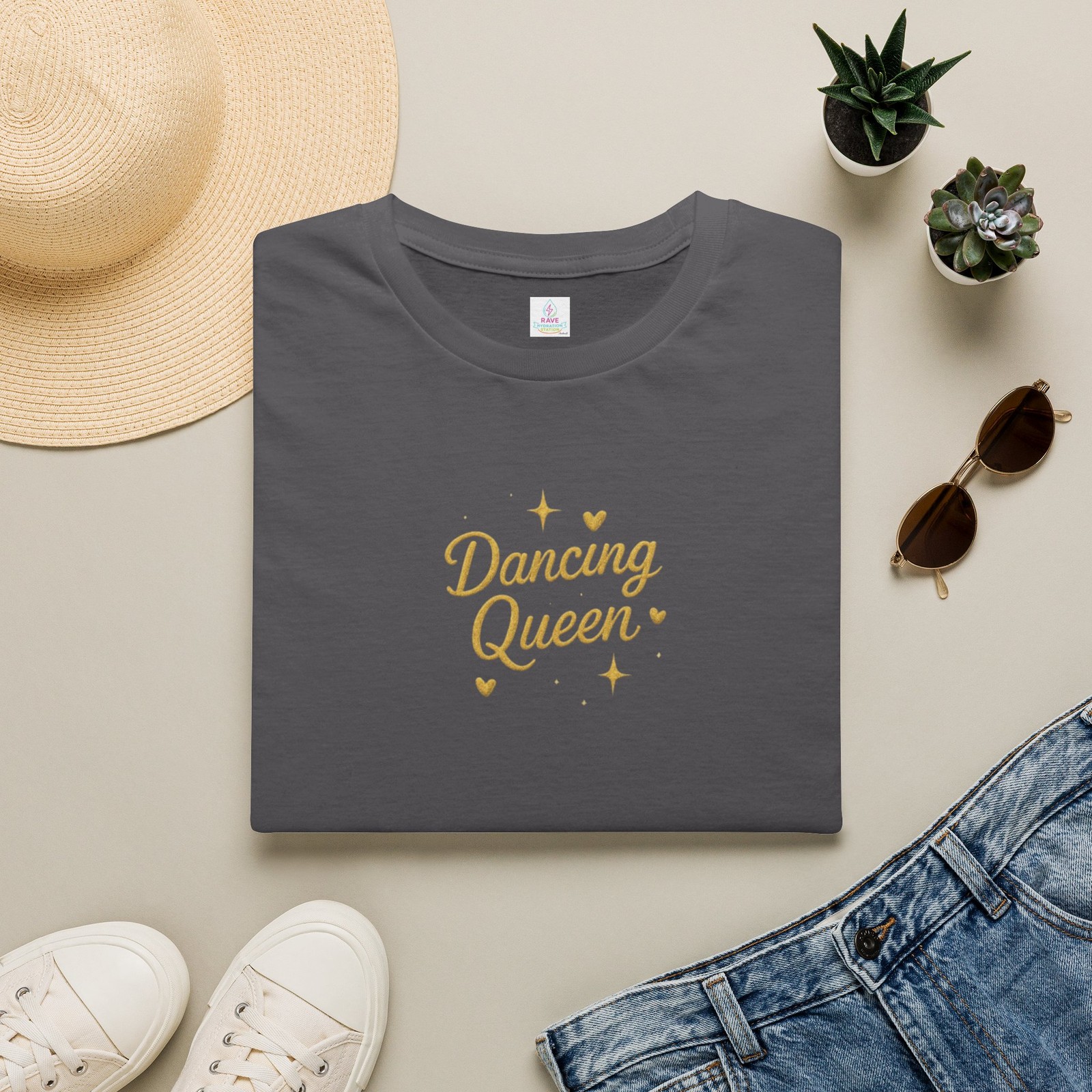 Women’s Ladies Girls Dancing Queen T-Shirt Gold Script Hearts & Stars