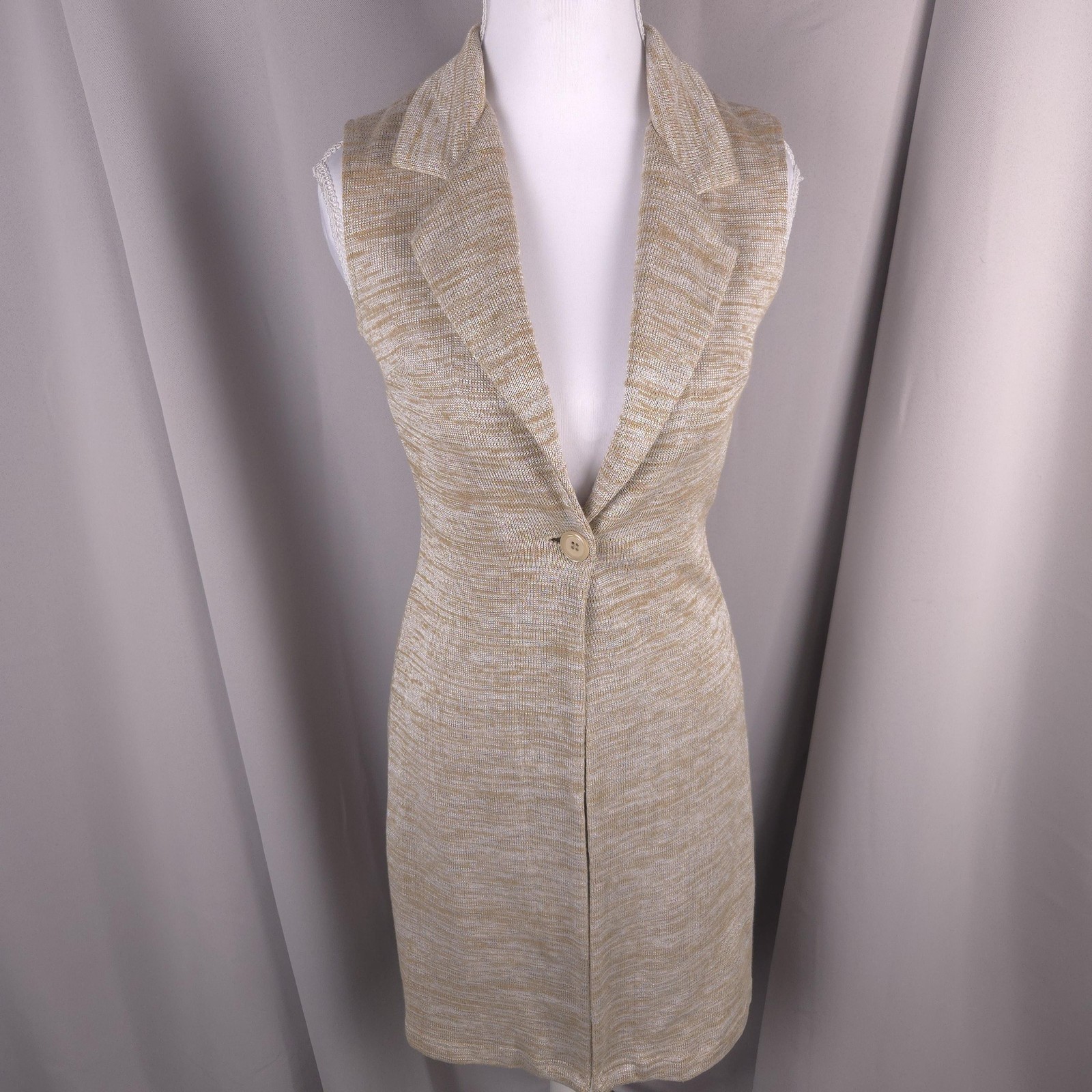 Vtg Breakin Loose Vest Beige Shimmer Knit XS 3/4 Longline Collared Lagenlook