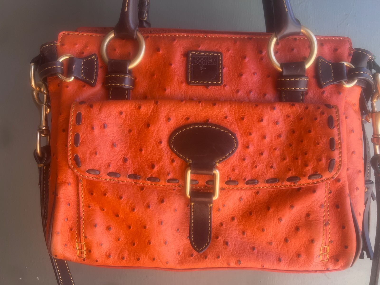 Dooney & Bourke Ostrich Tangerine Orange Brown Tassel Crossbody – EUC
