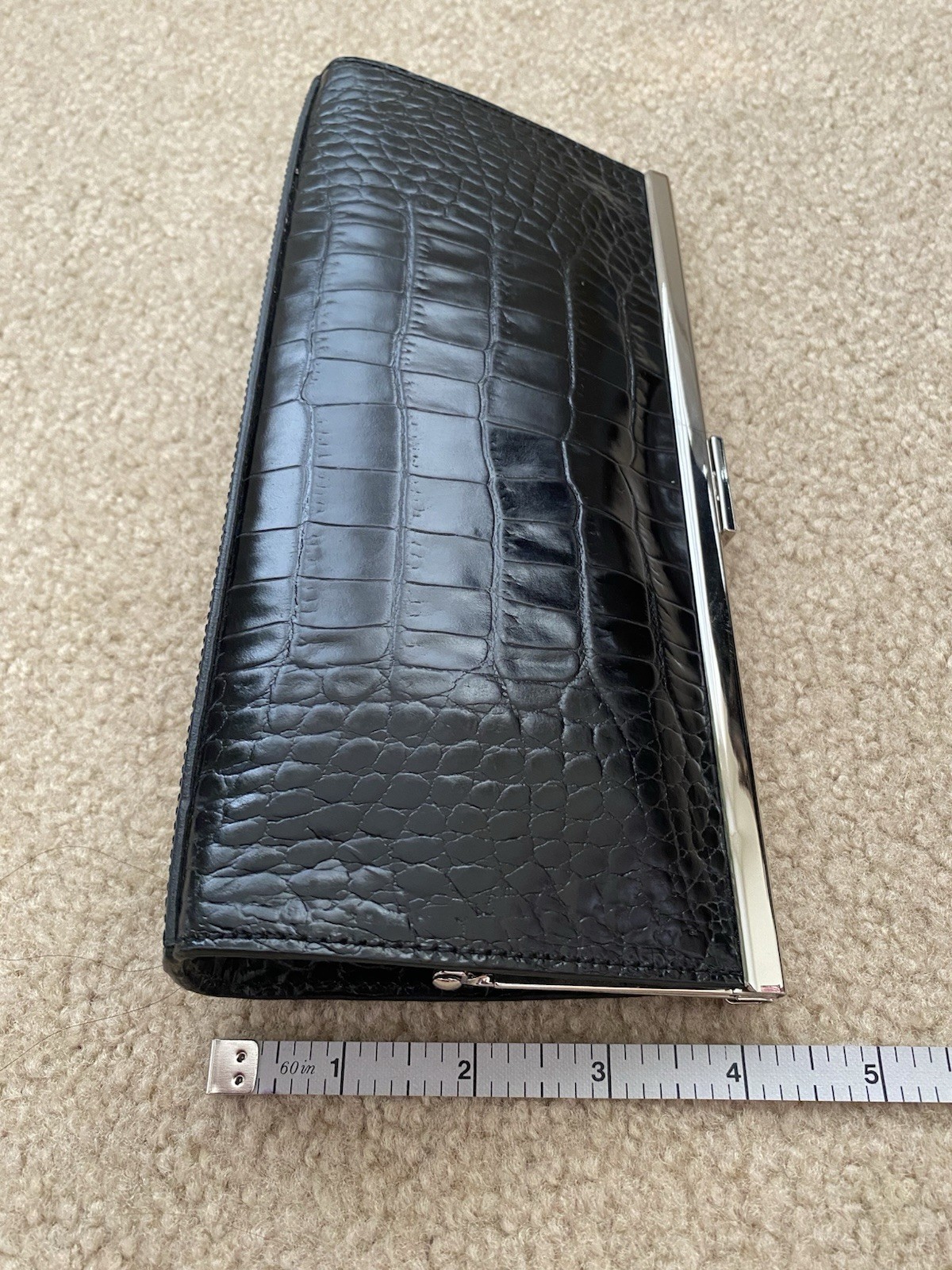 Ann Taylor Black Croc Embossed Clutch w/ Silver Chain Strap, Clasp, Pockets