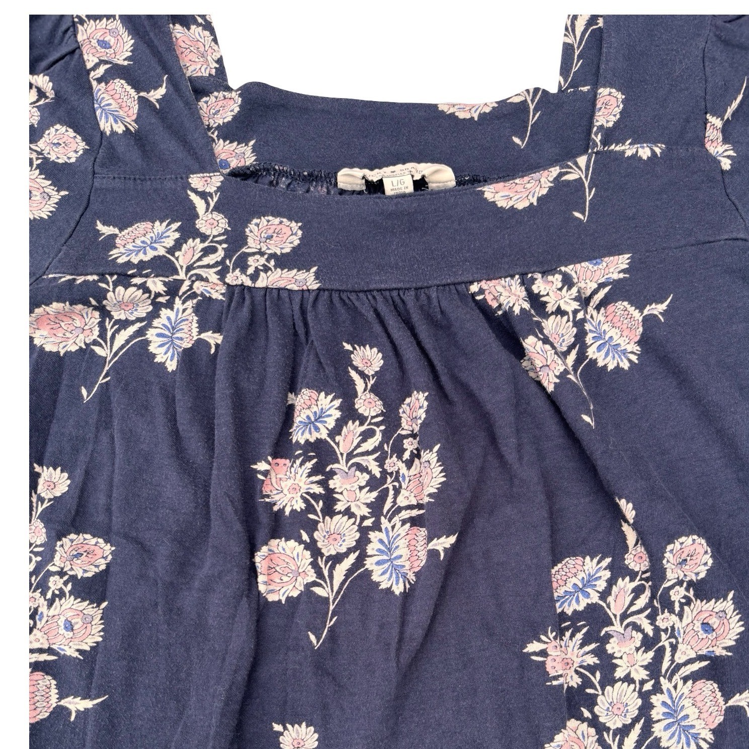 Lucky Brand Floral Blouse Womens Large Navy Blue Square Neck Boho Top