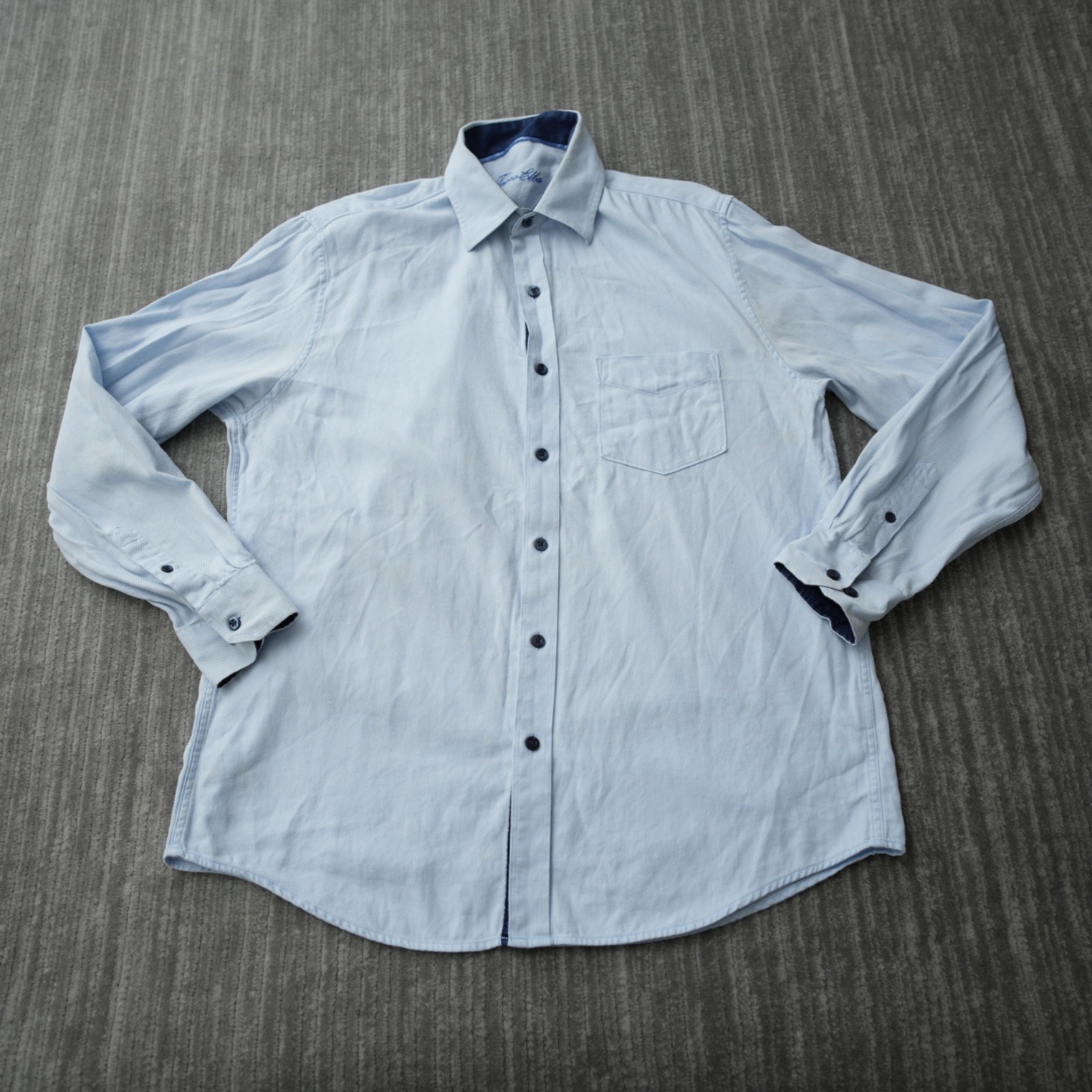Tasso Elba Shirt Men Button Up Blue Solid Long Sleeve Cotton Medium 15 15.5