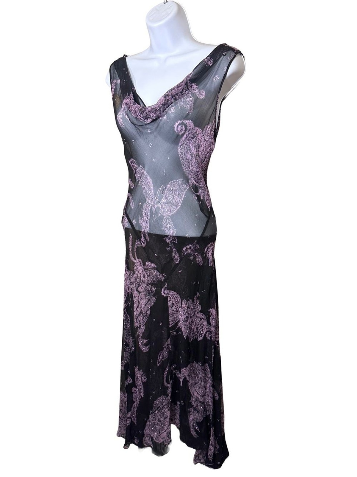 Y2K Silk Sheer Overlay Butterfly Paisley Sequin Dress Cowl Neck Size 6