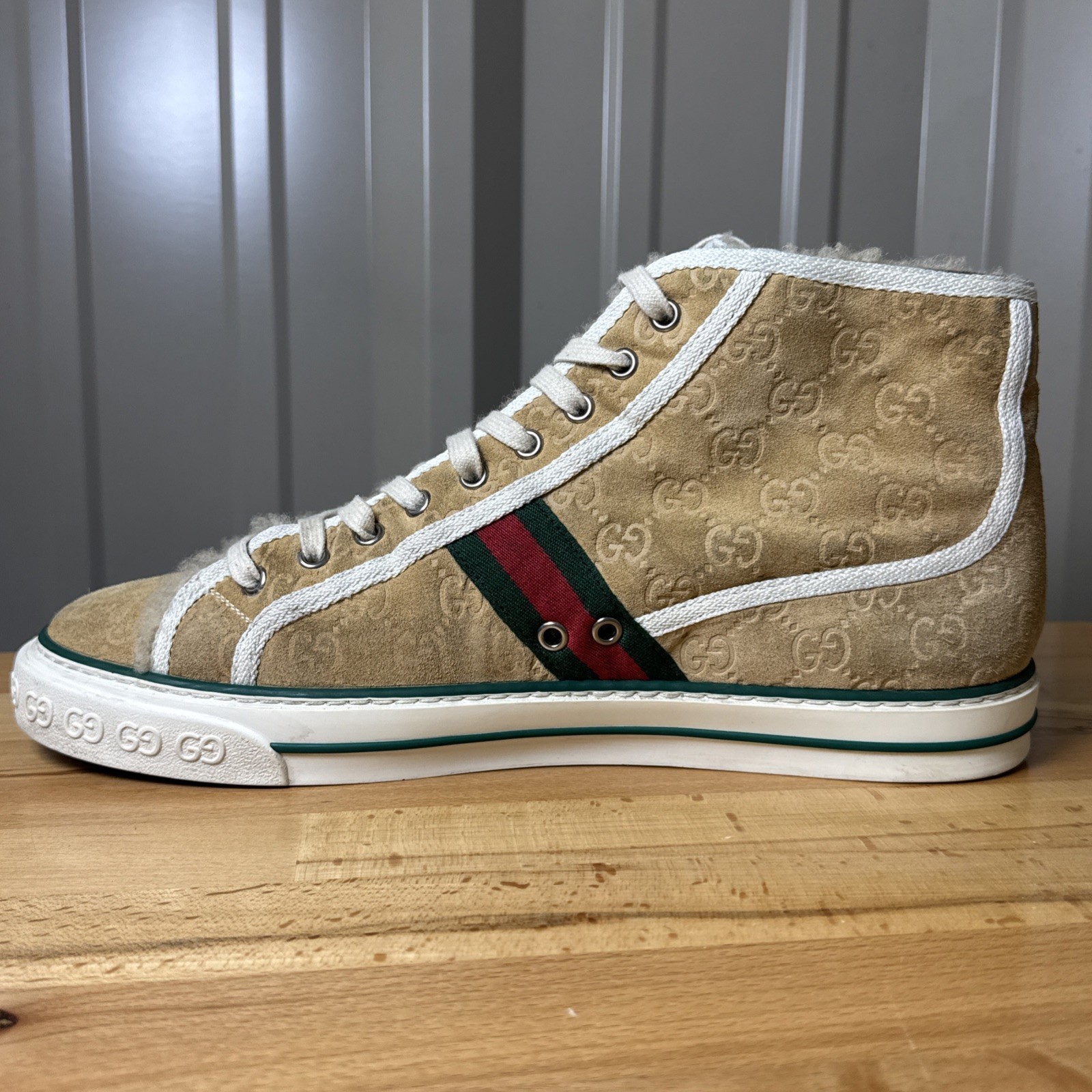 Gucci Tennis 1977 High Top Beige GG Monogram Suede Shearling UK 11 Men’s US 12