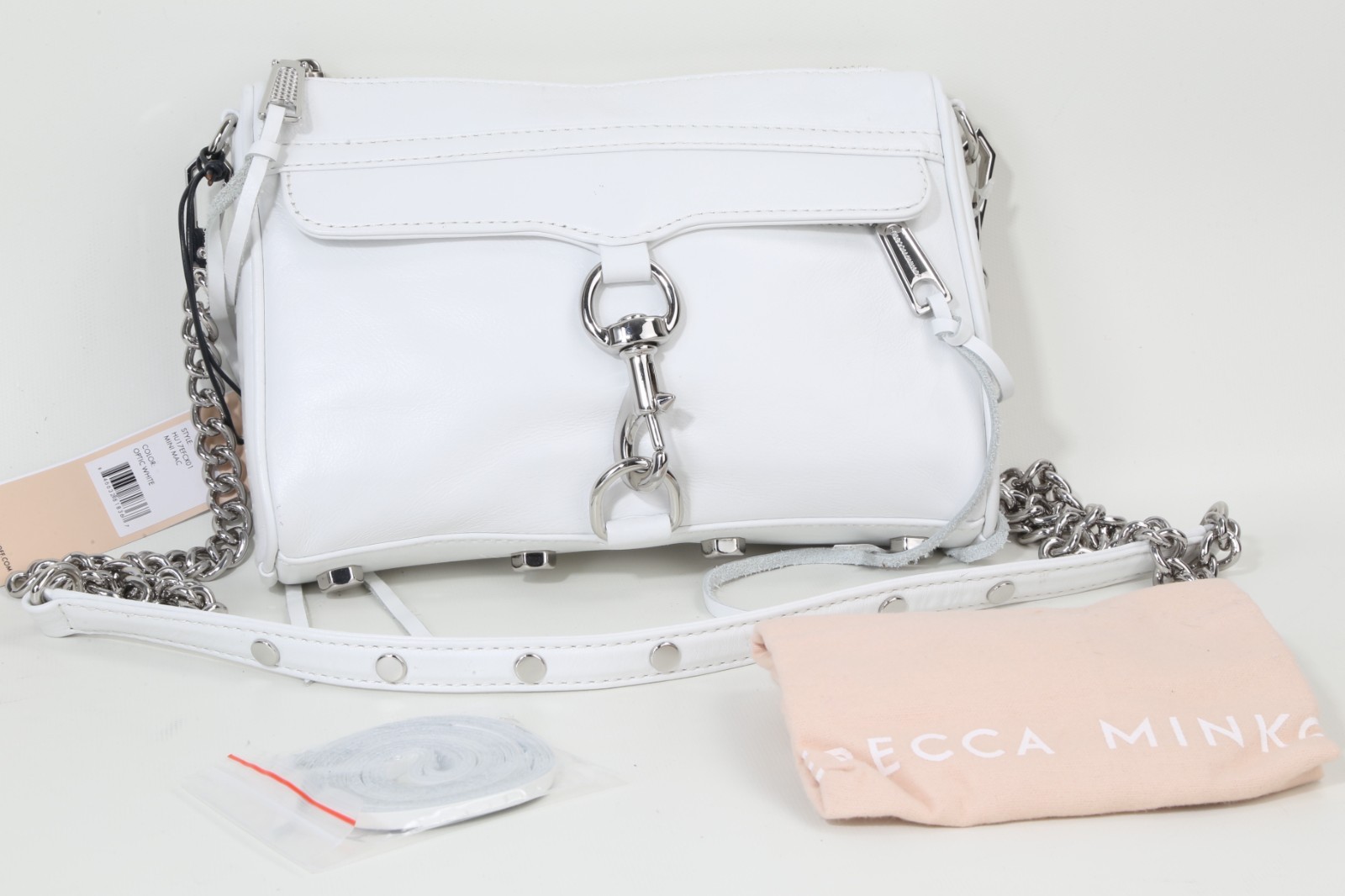 Rebecca Minkoff Mini MAC White Leather Crossbody Bag Silver Chain Dog Clip Purse