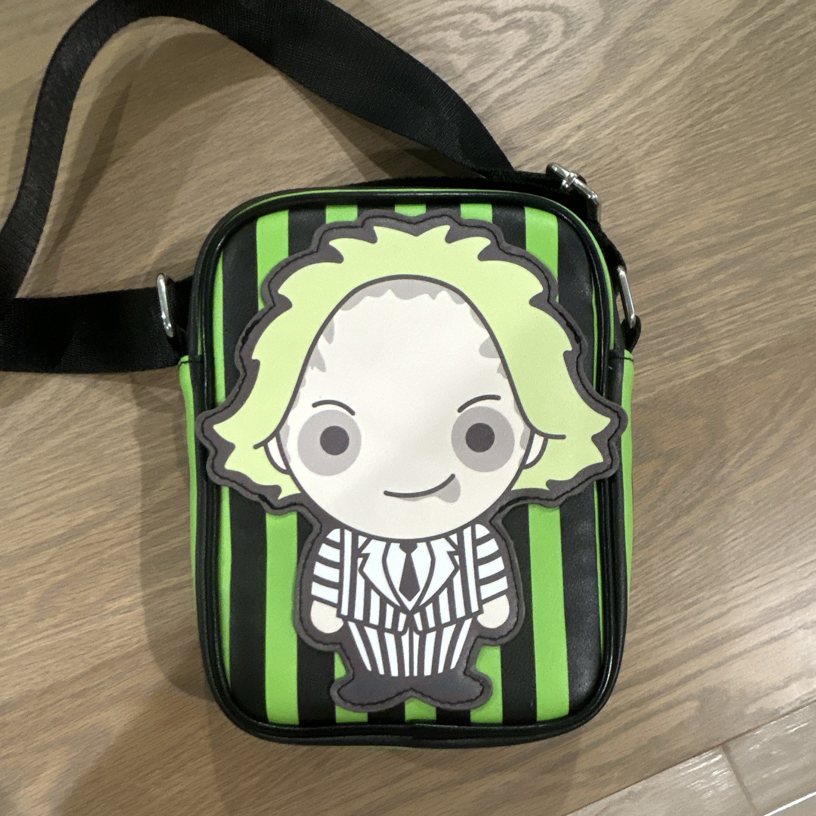 Beetlejuice Black Green Striped Crossbody Bag Adjustable Strap Zip Silver