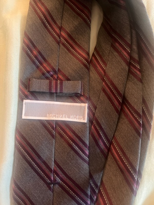 Michael Kors Silk Tie Grey, Burgundy, Dark Maroon & White Dots Stripe 3.25 X 59