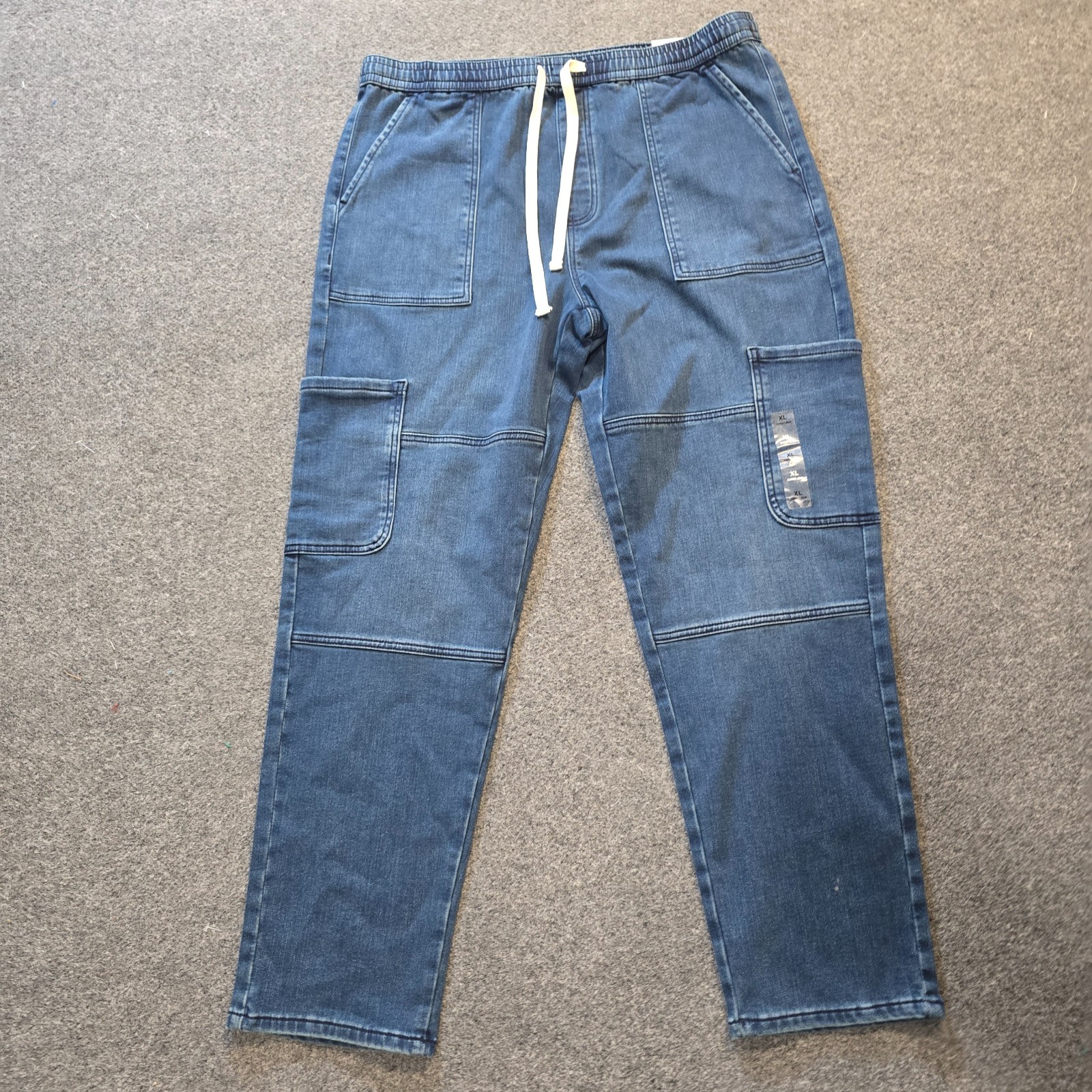 Sun Stone Jeans Mens XL Blue Denim Pull On Cargo Utility Taper Stretch Casual