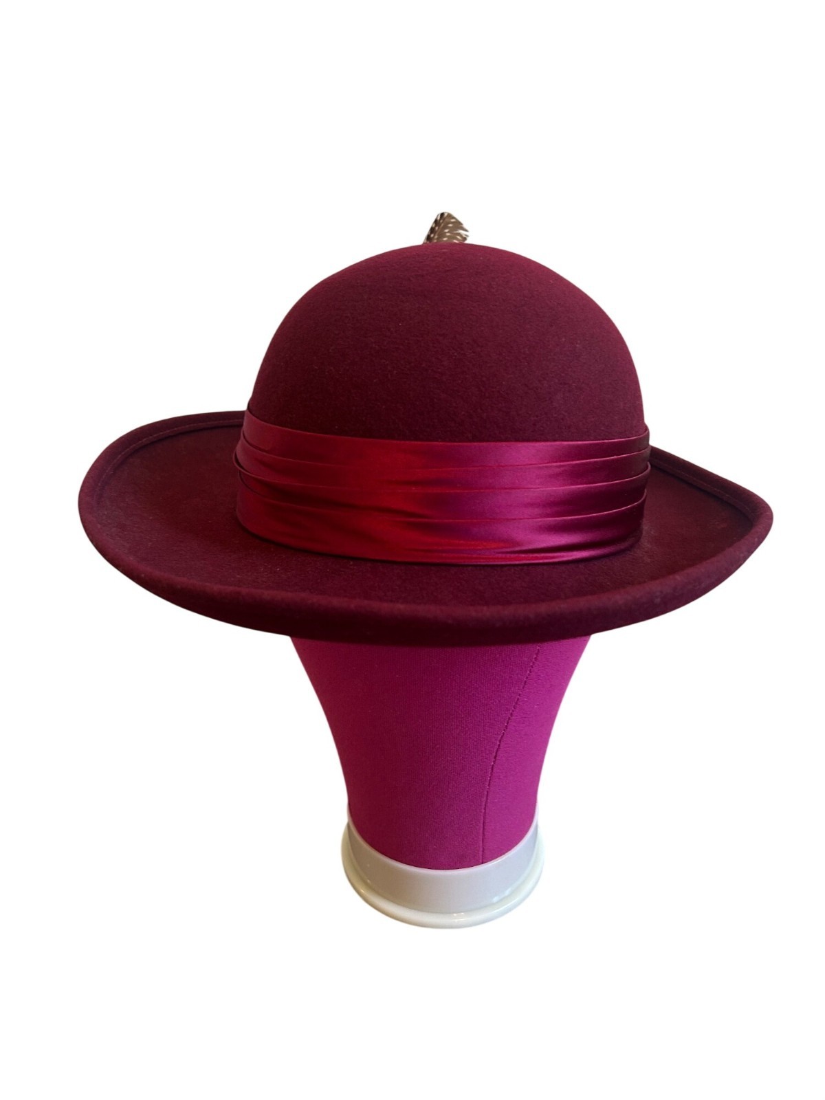 Vintage Geo W Bollman Burgundy Wool Hat With Satin Ribbon & Feather Accent