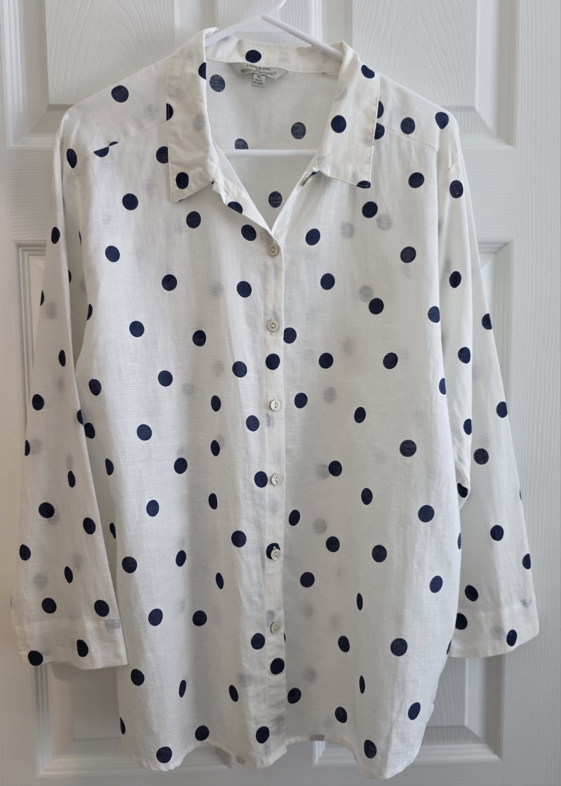 Hester & Orchard Linen Blend XL Blouse White Navy Polka Dots Long Sleeves Summer