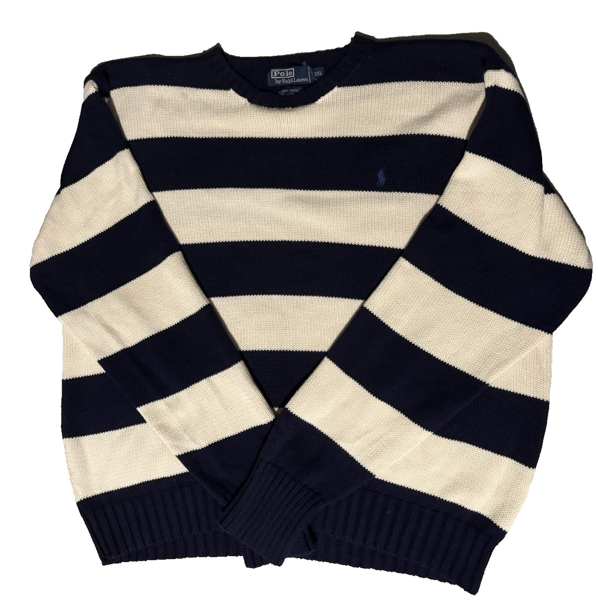 Vintage Polo Ralph Lauren 1990s Blue White Striped Knit Sweater XXL 100% Cotton