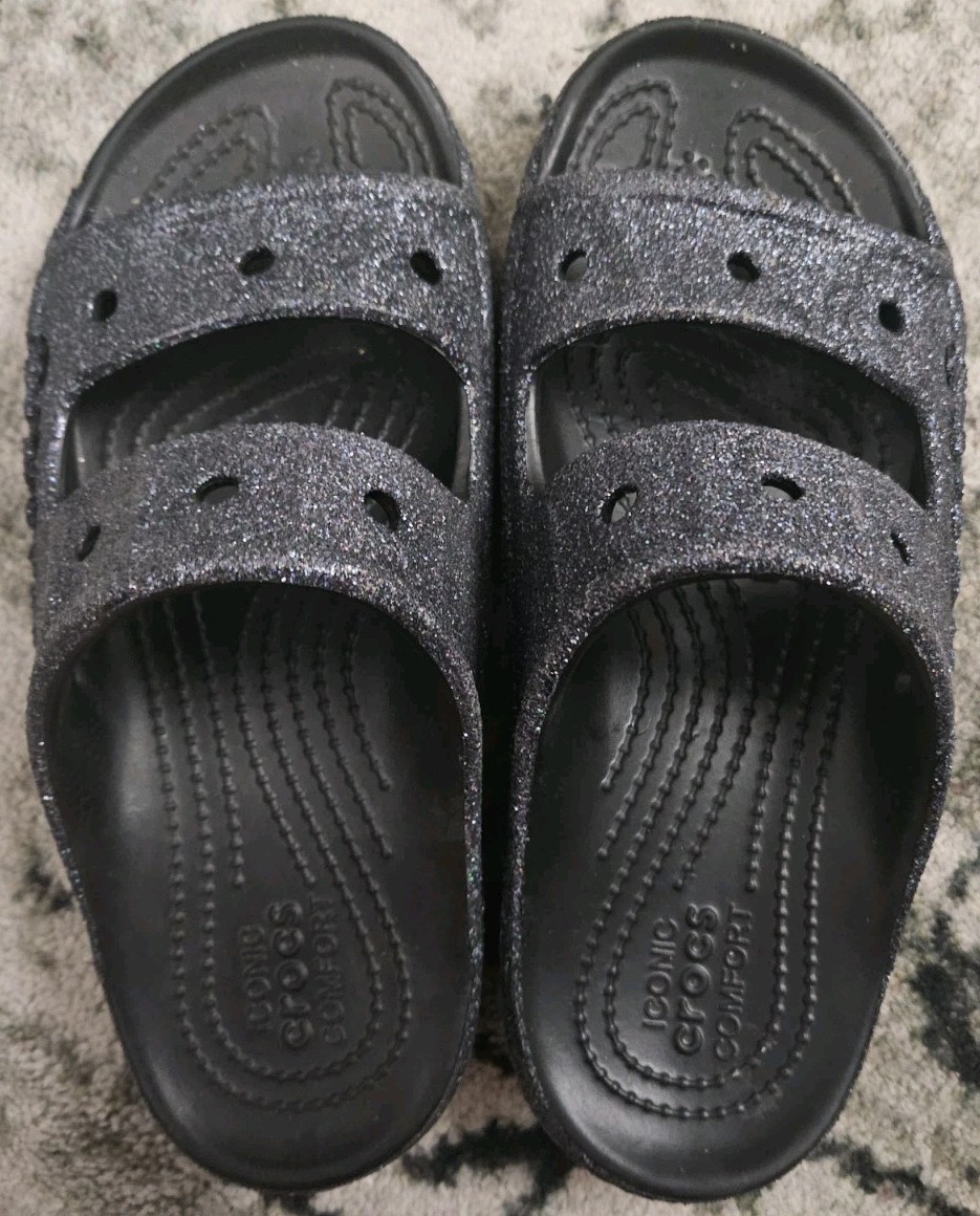 Crocs Baya Slide Sandals Womens 7 Mens 5 Black Glitter Iconic Comfort