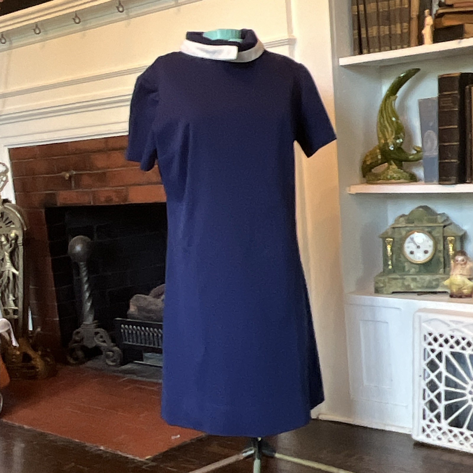 Vintage 100 Parklane Women’s Blue/White Shift Knee Dress Mock Neck Zip Pique M/L