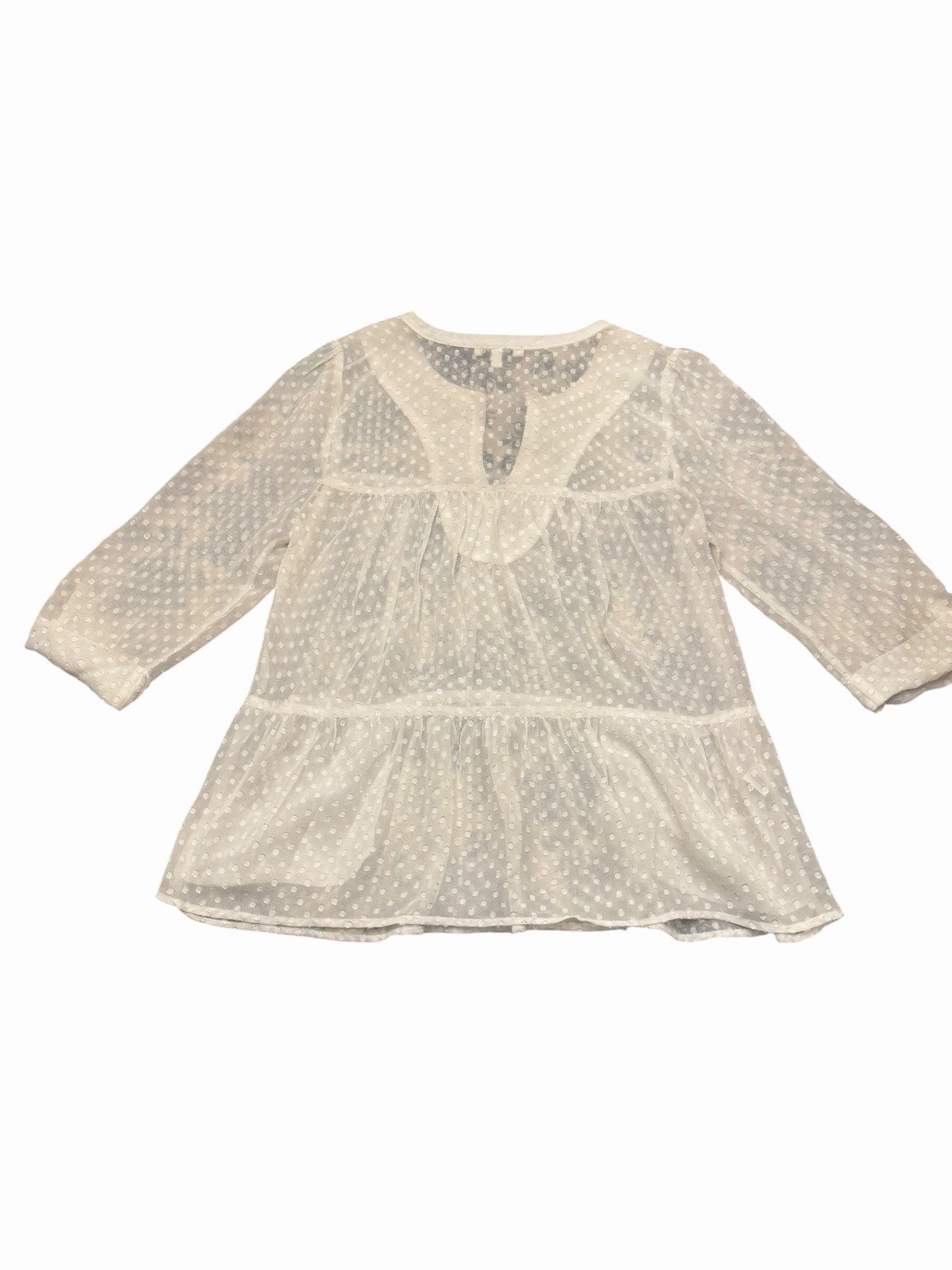DANIEL RAINN Sheer White Blouse Roll Tab Sleeve MED Pockets Polka Dot Lace STAIN