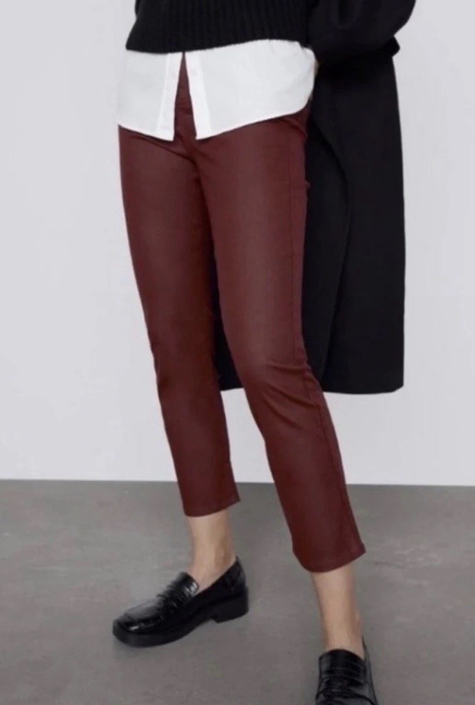NWT ZARA Burgundy Coated Slim Pants 6