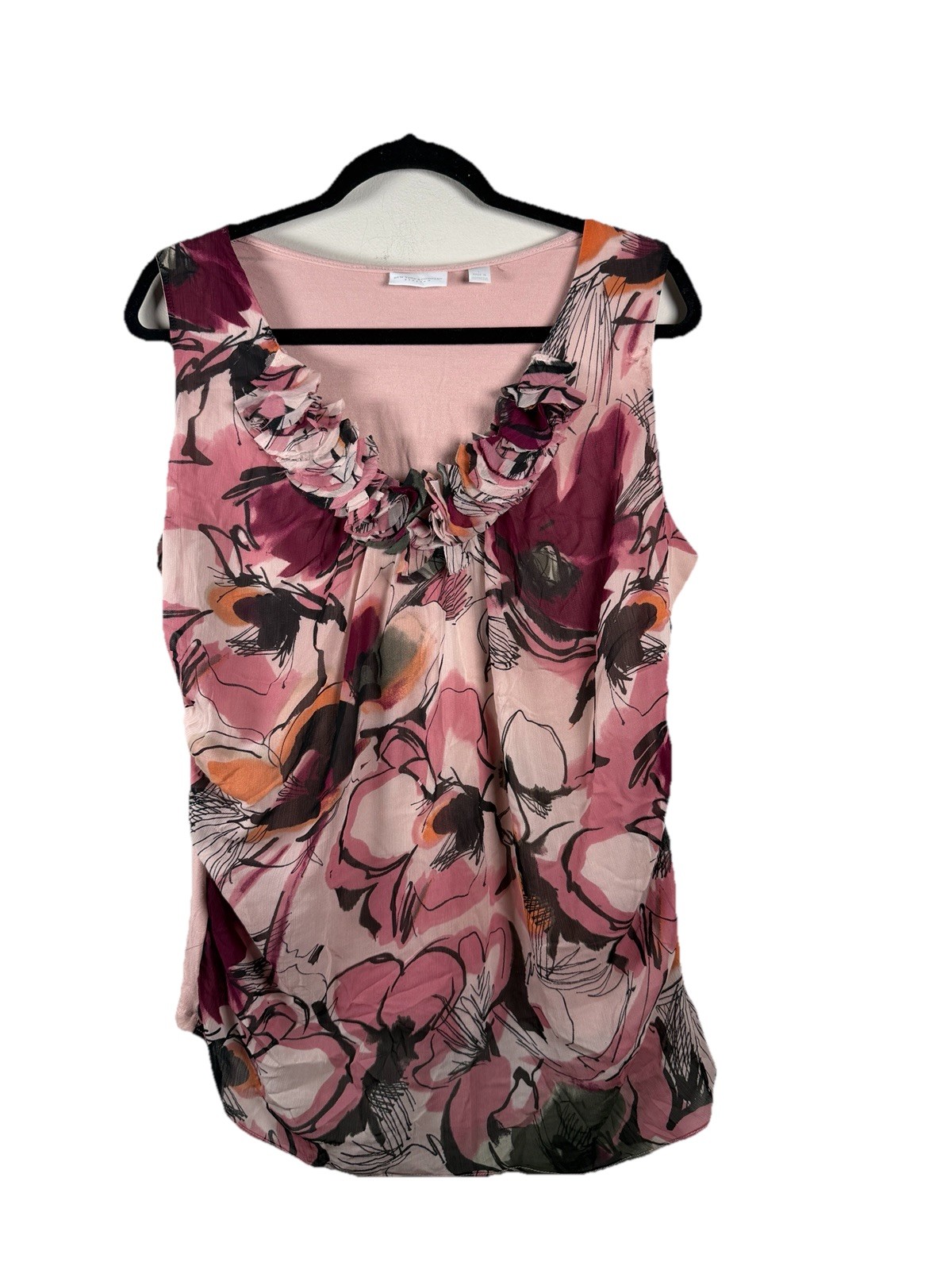 New York & Co. Tank Top Large Pink Mauve Floral Chiffon Ruffle Sleeveless Blouse