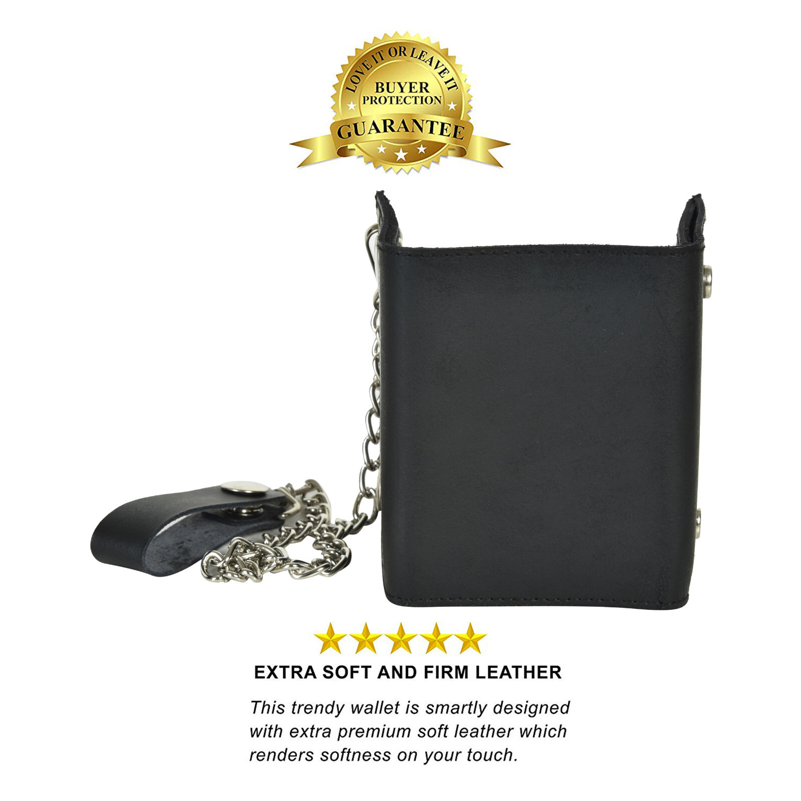 Leatherboss Genuine Leather Men’s Trifold Wallet with Chain Biker Trucker Black