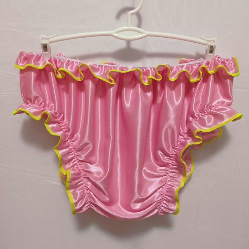 Sexy Mens Womens Faux Silk Satin Panties Briefs Ruffles Sweet Underwear Panties
