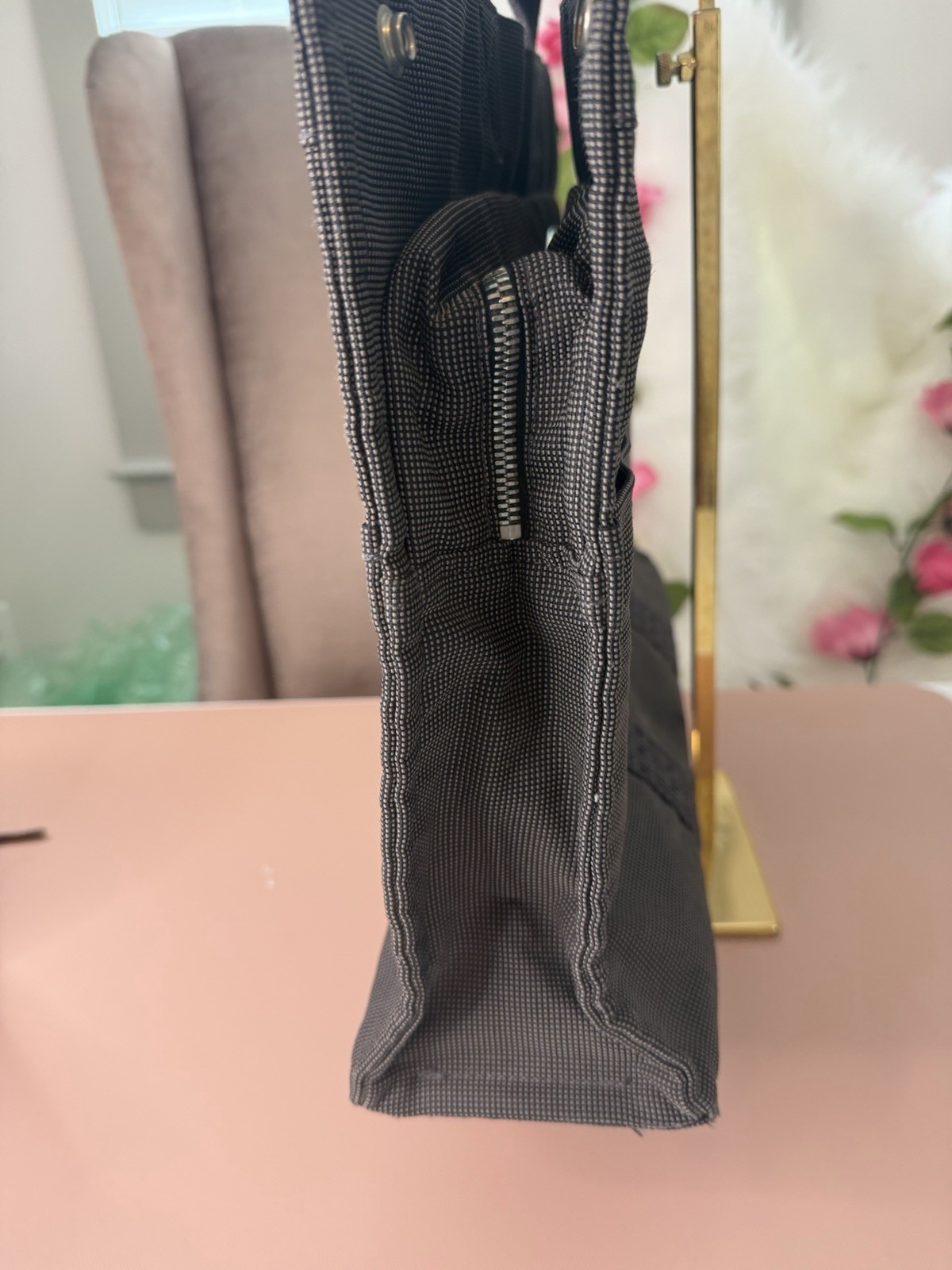Hermes Vintage Herline MM Canvas Tote Bag Charcoal Grey