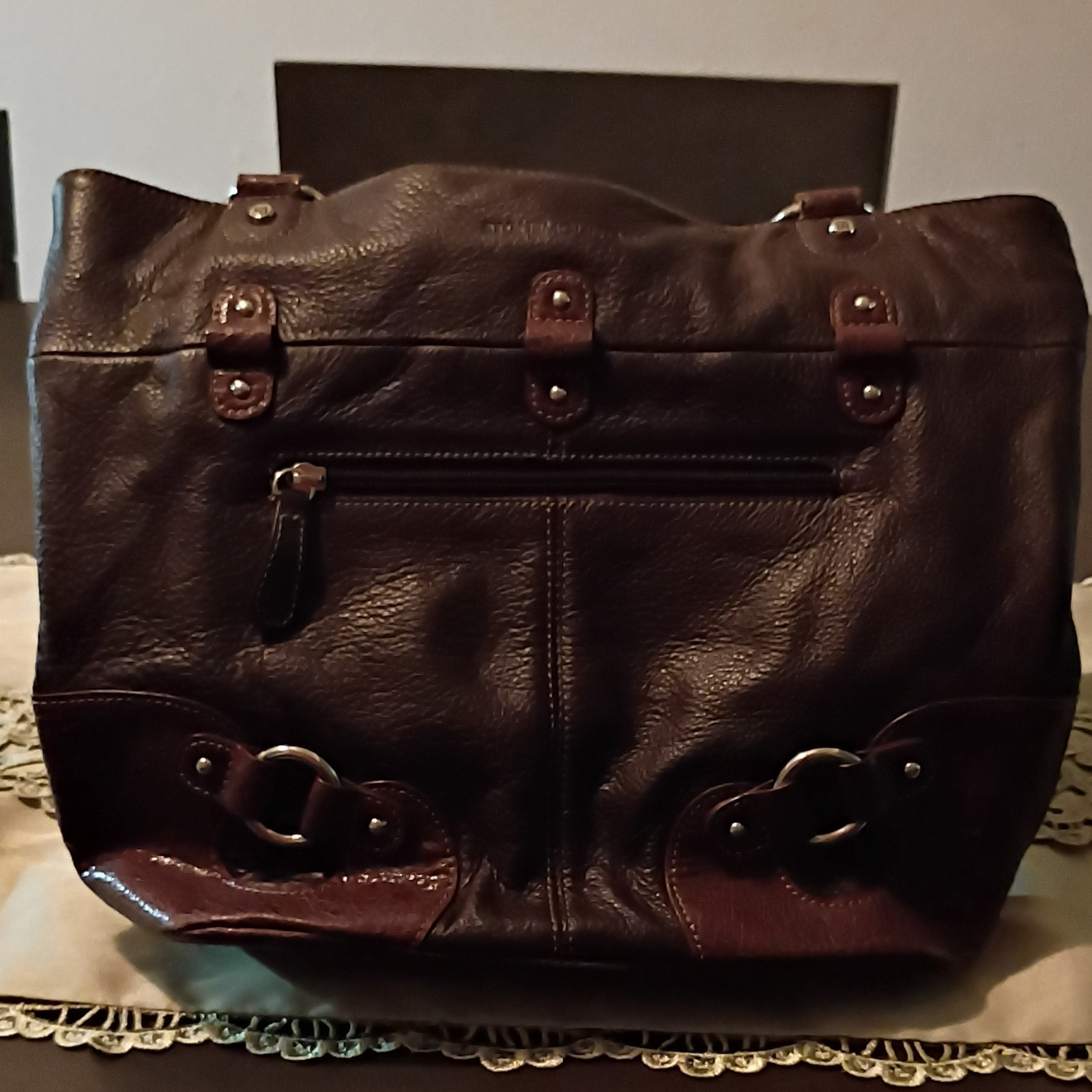 Brown Shoulder Bag Buckle Accent Zipper Pebbled Finish Double Handles Blue Lined