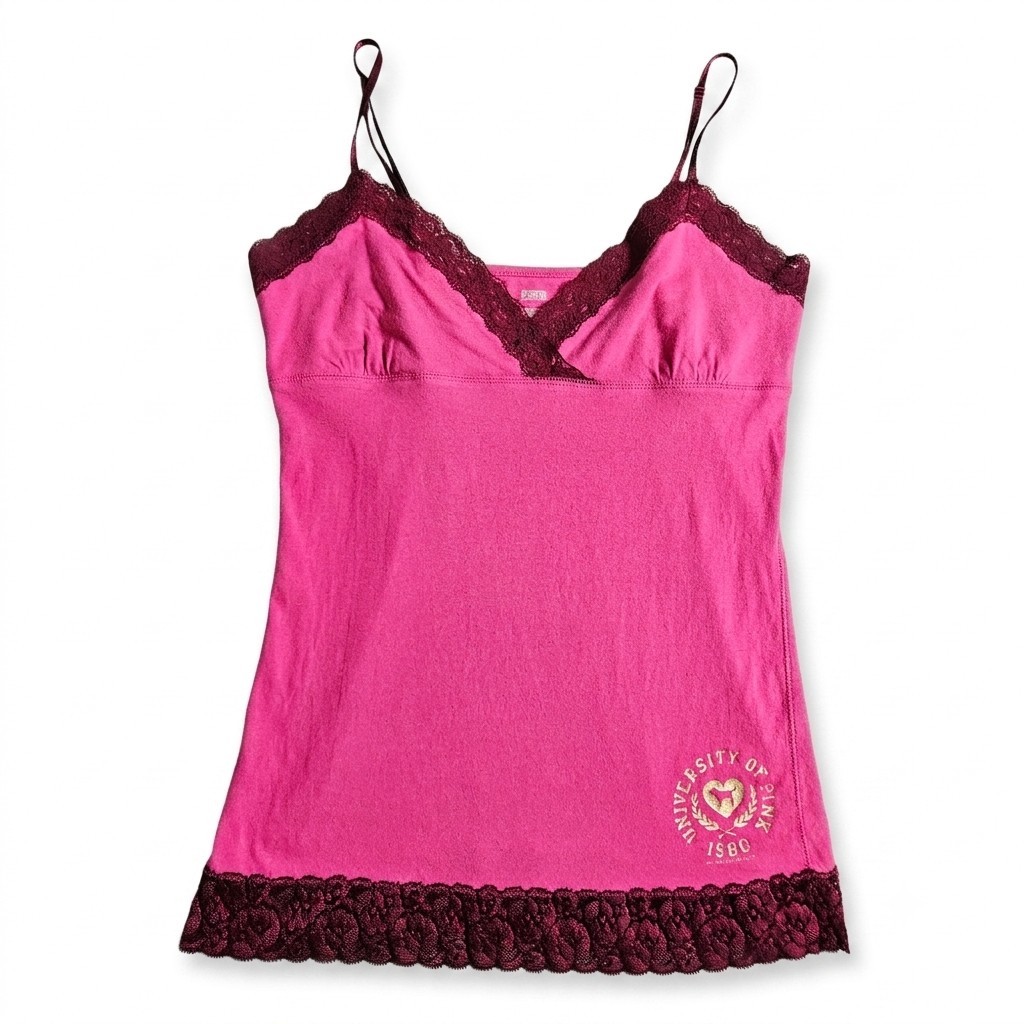 VTG Victoria Secret PINK Lace Trim Camisole Cami Tank Pink Maroon Large 2008