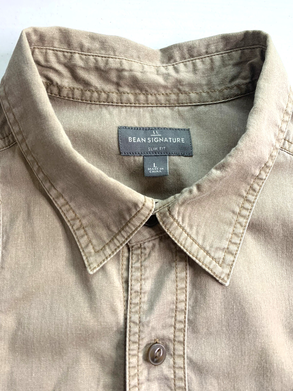 LL Bean Signature Men L Khaki Shirt Work Hunt Quilted Shoulder Slim Fit Safari