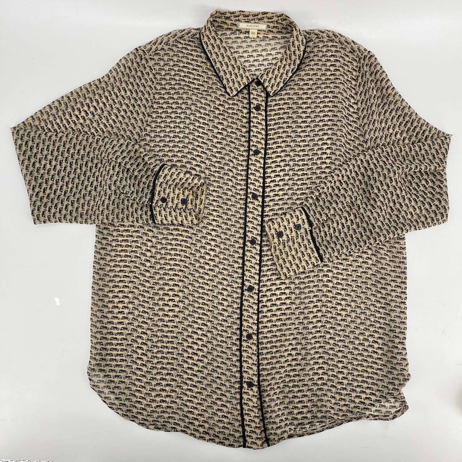 Pleione Beige Elephant Print Collared Button Front Sheer Chiffon Blouse Size L