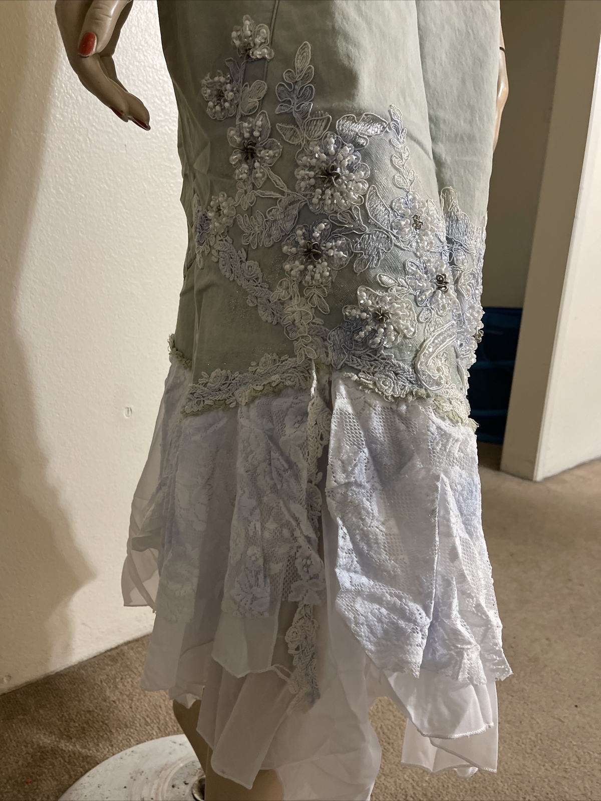 Light Blue White Denim Hippie Boho Beaded Embroidery Lace Size S(4-6) Skirt 710