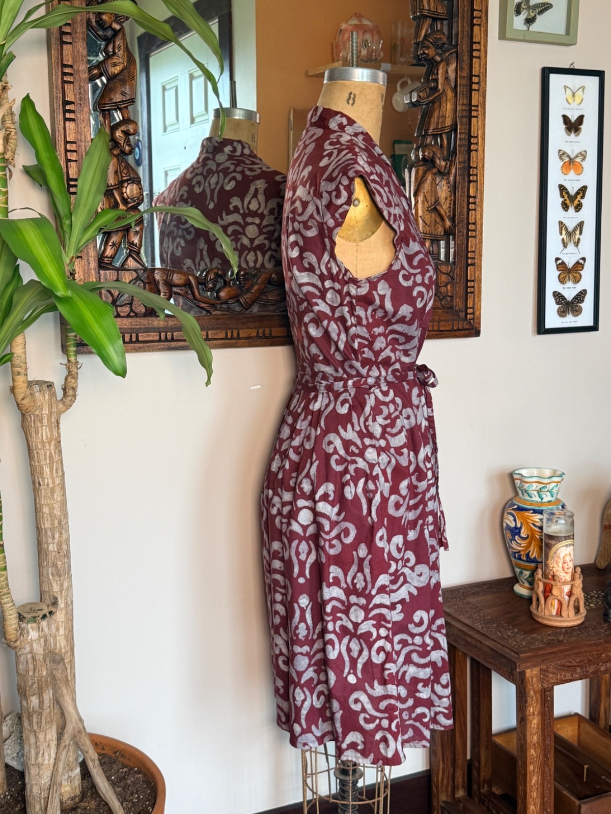 Global Mamas Cotton Burgundy/Gray Batik Dress Size M