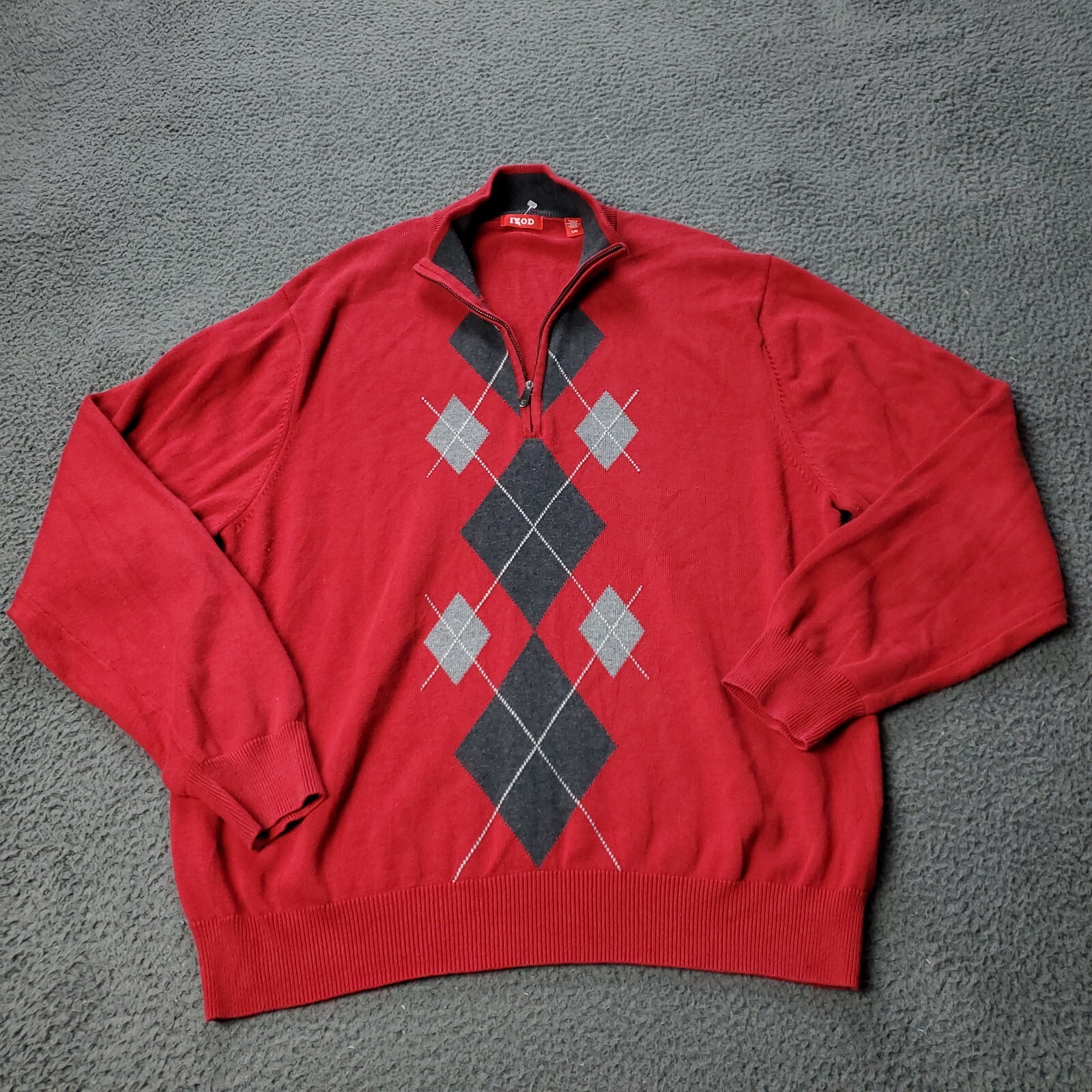 IZOD Sweater Mens L Large Cotton Pullover Zip Up Red Diamond Argyle