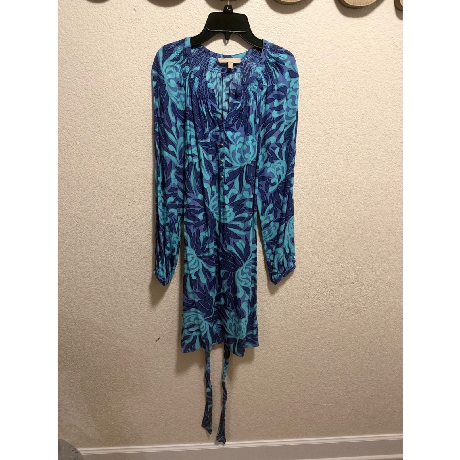 Banana Republic Blue Floral Leaf Print SmDress Long Sleeve Size. 4