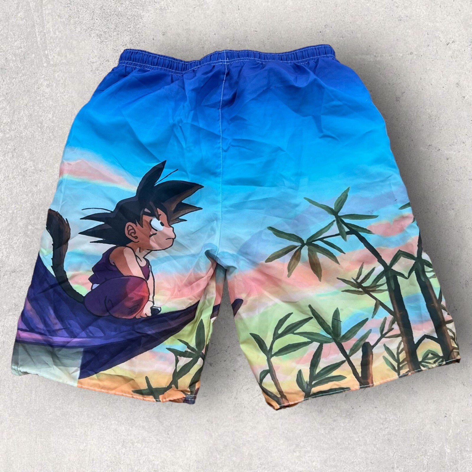 Dragon Ball Z Shorts Mens 26 Blue Ombré Swim Trunks Elastic Waist Goku Palm Tree