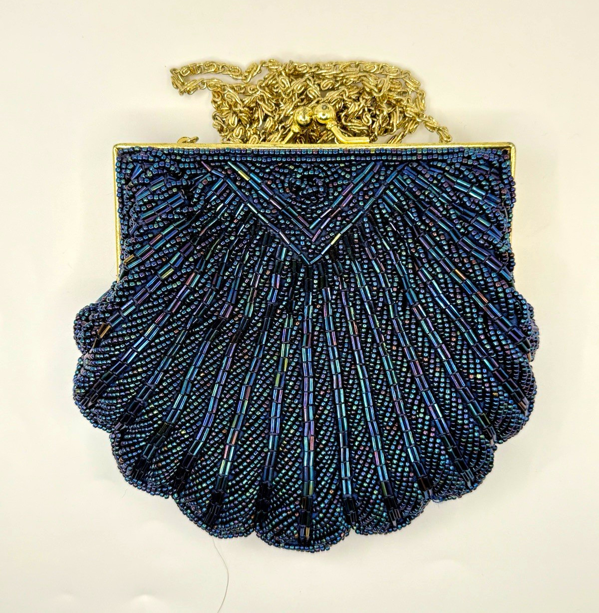 Le Regale Navy Blue Vintage Beaded Clutch Kiss Lock Gold Chain Strap