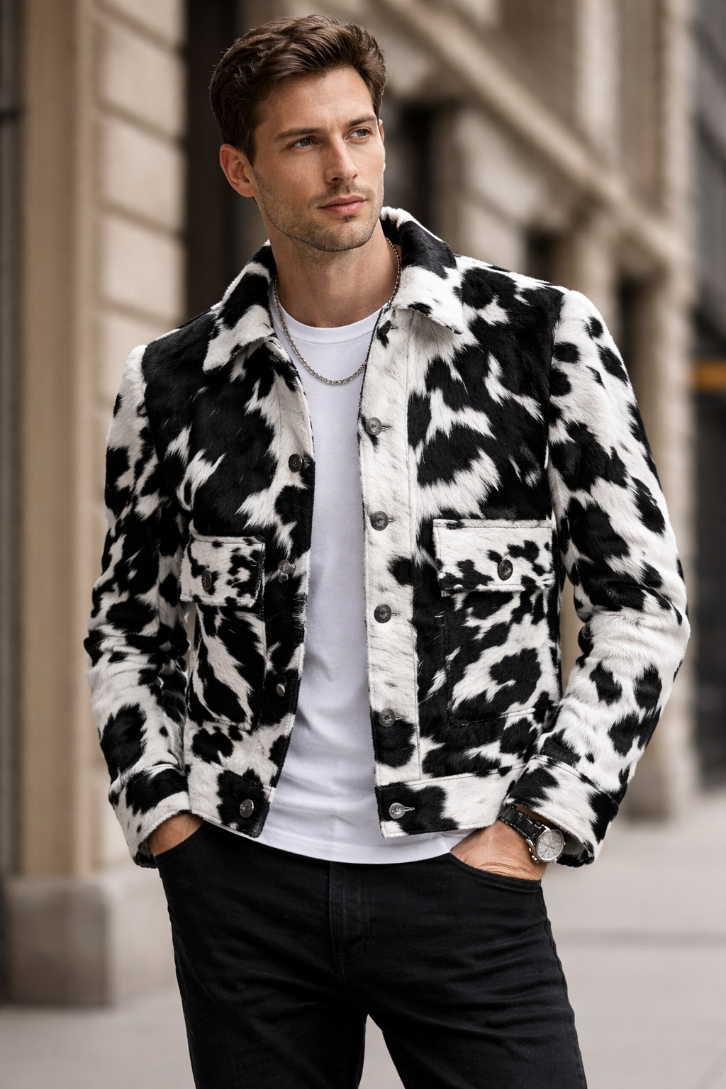 Handmade Hair-On Leather Coat, Western Spotted Fur Jacket, Button-Up Statement