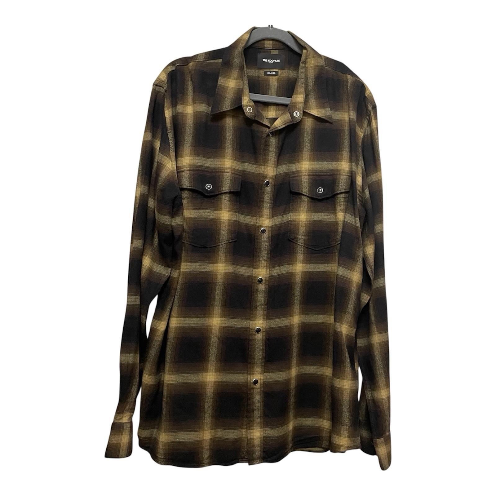 The Kooples Paris Mens Black Brown Yellow Checkered Cotton Flannel Shirt Size L